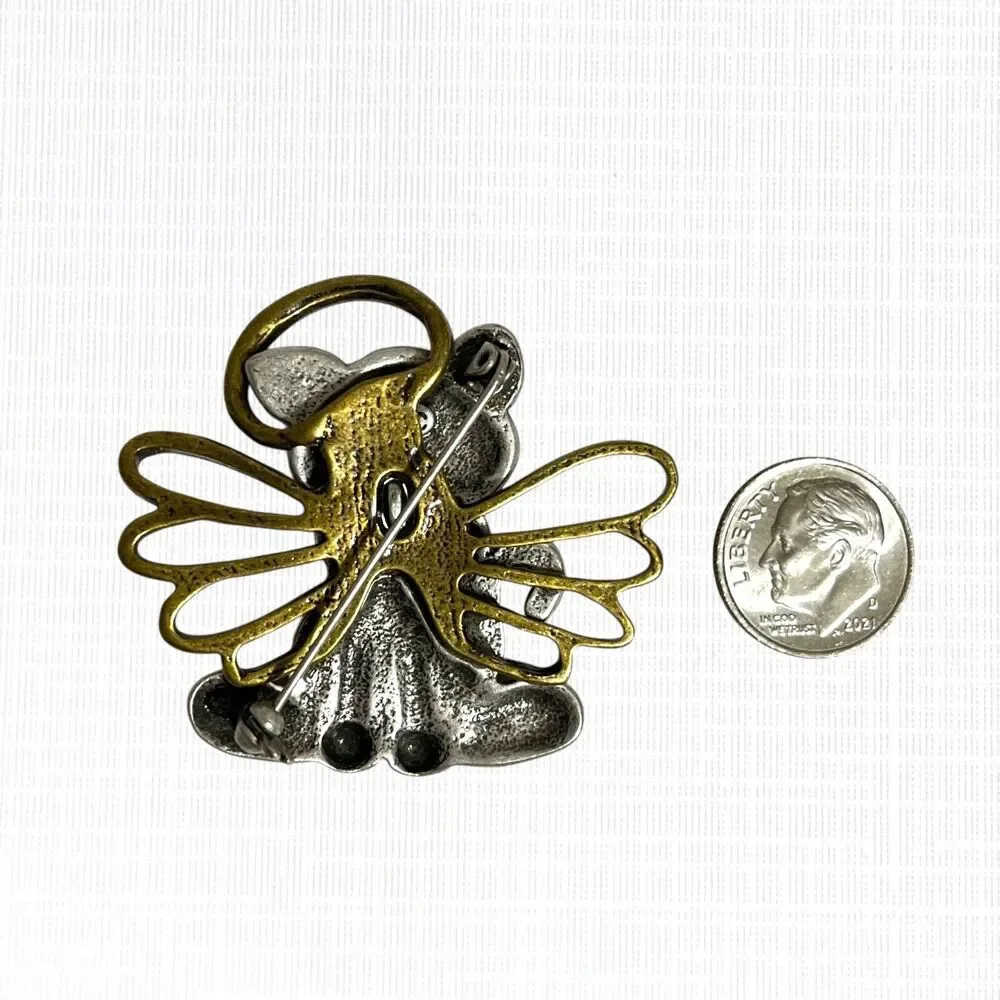 Vtg Kitten Angel Pin Brooch Green Bow Crazy Cat Lady Christmas Tabby Kitschy